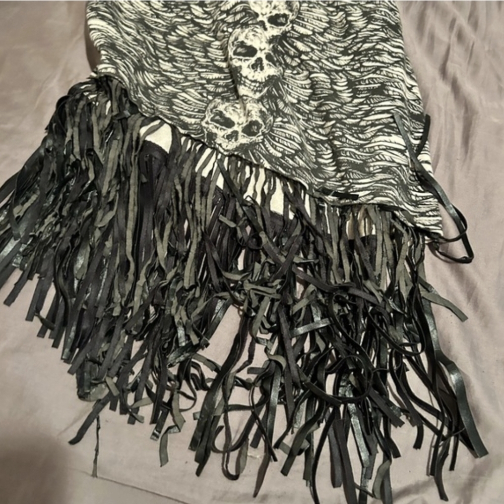 Vtg Lip Service white blk graphic skull wings tube top bodycon fringe dress XL - Picture 11 of 16